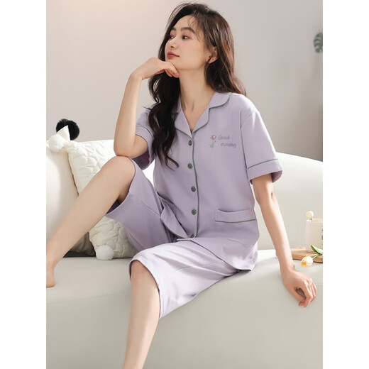 安梦影2025新款睡衣女士夏季棉短袖开衫七分裤加大码可外穿家居服套装 xf-9898 均码 m