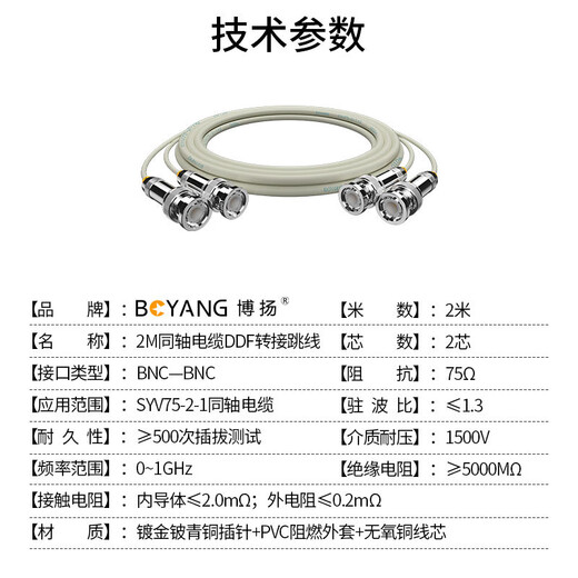 Boyang 2M jumper BNC-BNC 2M mega E1 connector finished jumper syv75-2-1 coaxial cable DDF adapter jumper 2 core 2 meters
