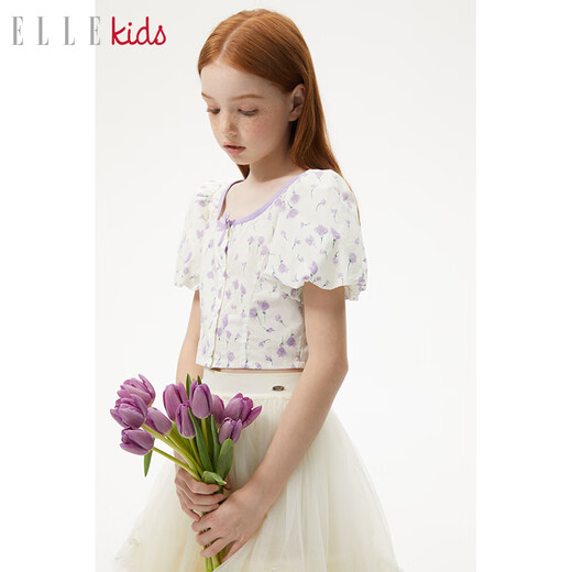 ELLE KIDS children's clothing cotton short puff sleeve shirt girls spring and summer new palace style short-sleeved shirt floral 130