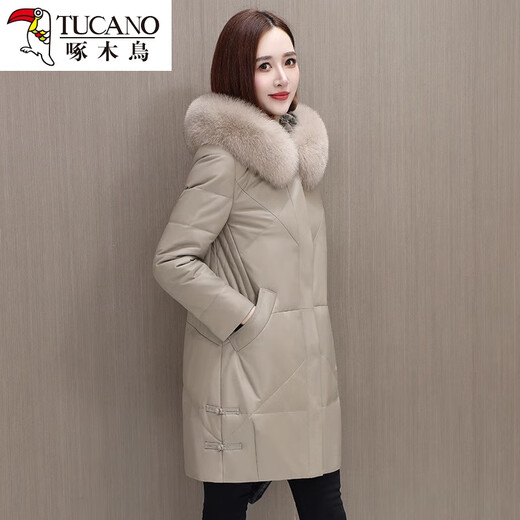 Woodpecker 2024 New Haining Leather Down Jacket Women's Genuine Leather Mid-Length Sheepskin Fur Jacket Plus Velvet Thickening Purple Gray XL Recommended 115-130 Jin Jin equals 0.5 kg