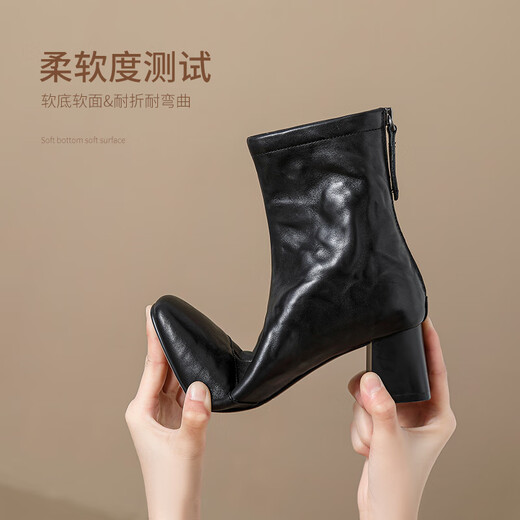 
ZHR top layer cowhide women's boots retro pleated thick heel short boots for women autumn and winter versatile boots for women S529 noble black 37