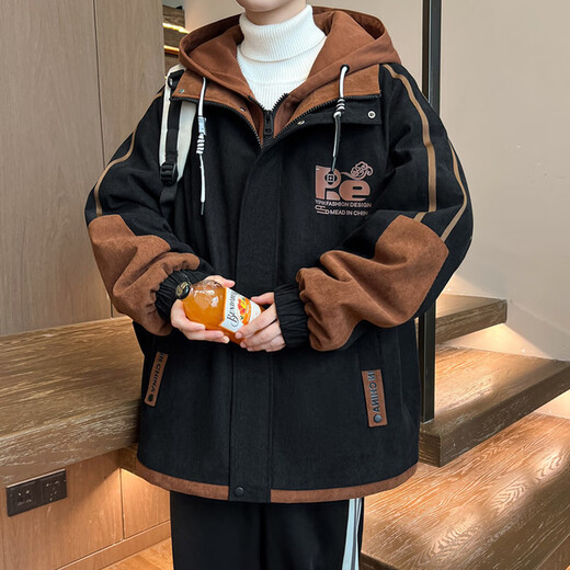 KLSJLA假两件外套男秋冬款加绒加厚潮牌夹克男连帽宽松休闲青少年派克服 829米色[加绒] M 约80-100斤可穿