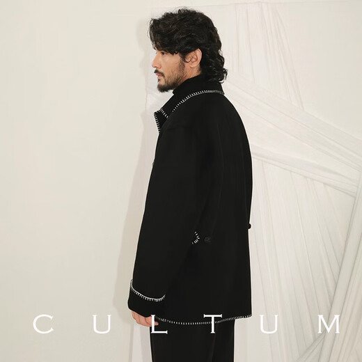 CULTUM【双面纯羊毛 男女同款】秋冬加厚双面呢短款毛呢大衣男夹克外套 黑色 L (52)
