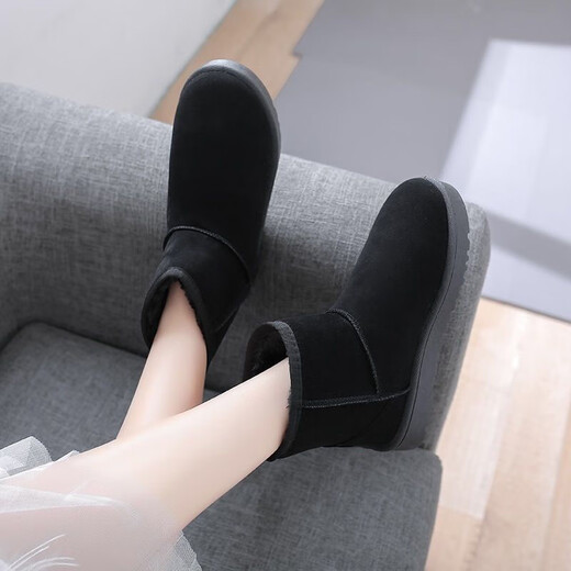 Snow boots for women in winter flat sole mid-tube women's boots plus velvet thickened bread shoes versatile warm cotton boots for women black 37