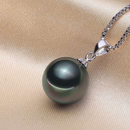 Fat Donglai's same style Tahitian black pearl pendant, natural sea water powder, 925 silver, perfect round glare, black, slightly green in black, 9-10mm x 45cm