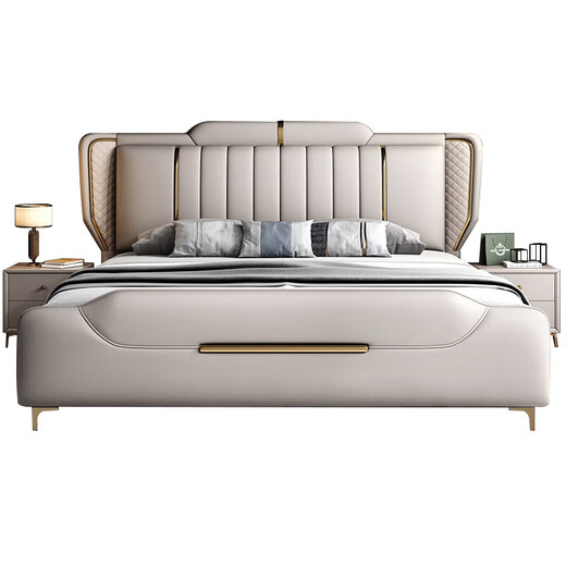Leather bed modern and simple new style wedding bed 1.5m 1.8m double master bedroom king bed Italian light luxury leather bed flagship version leather bed delivered to home 1800mm*2000mm frame structure