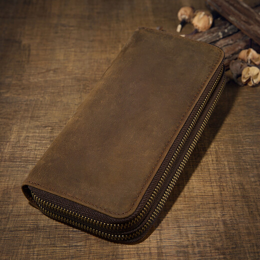 Einfach/Natur Original Crazy Horse Leder Langes Doppel Reißverschluss Brieftasche für Männer Multi-Karten-Retro-Kupplung echtes Leder großer Kapazität Trend