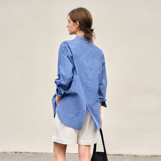 Olrain plaid shirt spring women's loose commuting lazy style MIU shirt tops blue plaid L