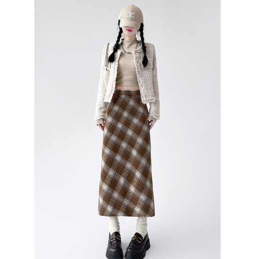 Hao'e retro woolen plaid skirt for women autumn and winter brown high waist slim pear-shaped figure long slit a-line skirt khaki M recommended 96-110Jin Jin equals 0.5 kg