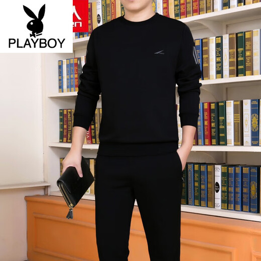 花花公子（PLAYBOY）男装男士休闲运动时尚套装春秋季新款套头棉卫衣圆领长袖衣 677款(红色) 2XL (建议140-158斤)