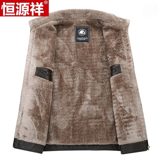 Hengyuanxiang plus fat plus size middle-aged men's velvet thickened leather jacket large size fat man leather jacket fat dad winter coat black XL