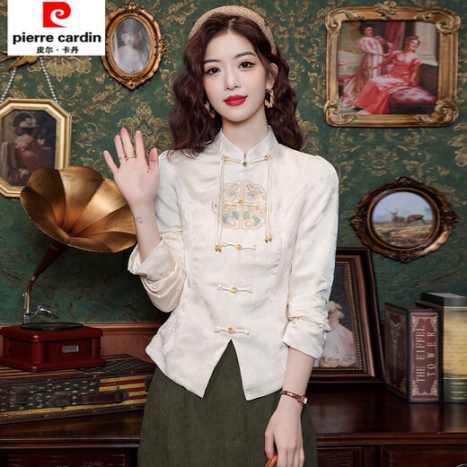 Pierre Cardin New Chinese Style Stand Collar Tassel Button Shirt Slim Fit Chinese Style Tang Suit Embroidered Jacket Women's 24 Early Spring Long Sleeve Top Apricot 2XL Size Recommendation 120-130 Jin Jin is equal to 0.5 kg