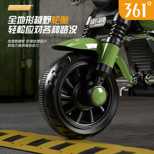 
361 degree children's electric motorcycle can be seated for people, baby gifts, men and women, driving can be remotely controlled toys with early education music Retro green丨Remote control version-strong dual drive/music