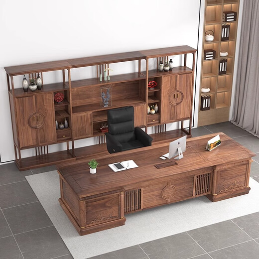 Kong Qiu Mingge New Chinese Style Solid Wood Executive Desk Boss Desk Bookcase Combination President Chairman Office Ash Wood High-end Furniture 1.8 Meter Boss Desk + Boss Chair