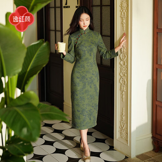 E.Beauty Shiwan 2025 spring new thickened brushed knitted new Chinese style daily long-sleeved elegant cheongsam turquoise green M
