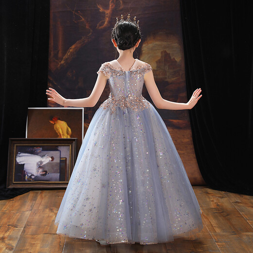 
apfelbaum girl princess skirt children host flower girl puffy tiara evening dress little girl high-end piano performance suit spring and summer gray-blue long (long sleeves) 170cm