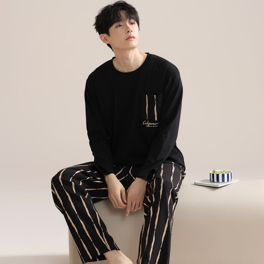 Cat men pajamas men pure cotton long sleeve trousers full cotton pullover teenagers wear large size loose home clothing suit 9249 black 3XL [recommended 160-190Jin [Jin equals 0.5 kg]]