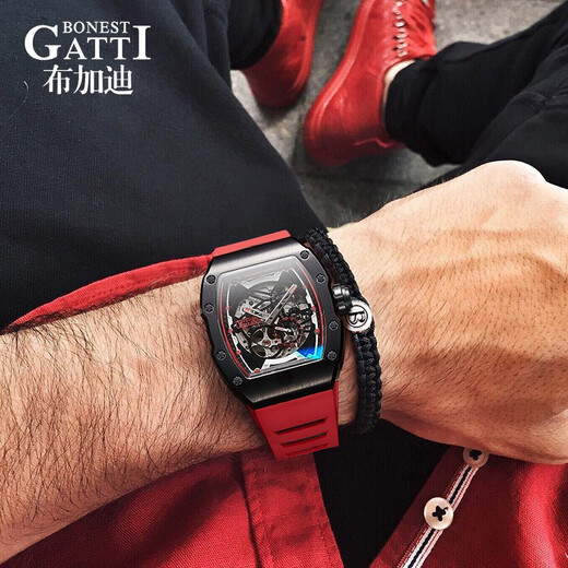 Bugatti (Bonest Gatti) Deutsche Männermechanische Uhr Vollautomatische Uhr für den fassförmigen Valentinstagsgeschenk für Männer für den Freund Phantom Speed ​​Magic Black und Red BG9901-A3