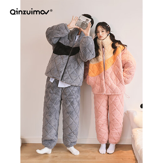 亲嘴猫（QINZUIMAO）情侣睡衣冬季可爱冬天三层加厚家居服珊瑚绒夹棉男女士套装 6167 M 3层