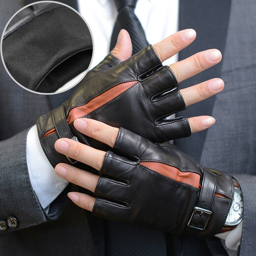 NOOLDERS Men's Warm Genuine Leather Gloves Half Finger Driving Gloves Half Fingerless Cycling Motorcycle Sheepskin Gloves Thin Designer Style Black (Silk Lining) M Size