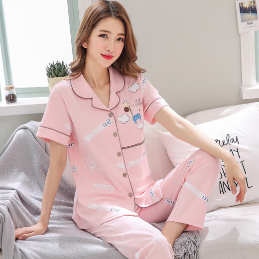 Pretty (Qiaoliya) Pyjamas für Frauen im Sommer im Sommer Pure Cotton Kurzärmelhosen im Sommer All-Cotton Dünntemperament Mutter Heimkleidungsset können außerhalb von 655 xxxl getragen werden, geeignet für 150-170jin [Jin entspricht 0,5 kg]