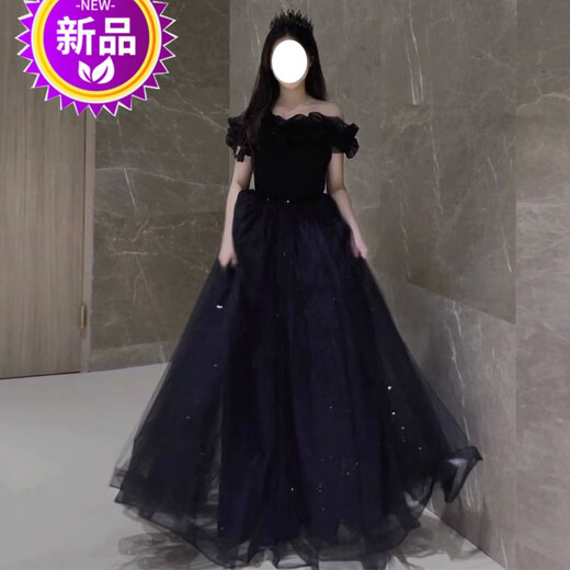 昂秉成人礼服女18嵗礼服高级感一字肩晚裙2023新款学生主持人赫本风长 黑色 背后绑带 2XL
