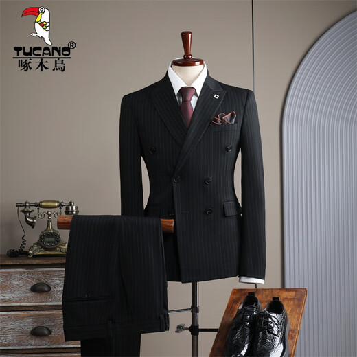 Woodpecker (TUCANO) double-breasted striped suit men's suit casual groom wedding dress business slim suit suit men 6831 black stripes (suit + trousers) 52/XL (125-135Jin Jin equals 0.5 kg)