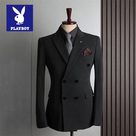 Playboy suit men's British style double-breasted business casual suit three-piece suit groom wedding dress small suit men black three-piece suit (suit + vest + pants) 62/6XL size free brooch + pocket square