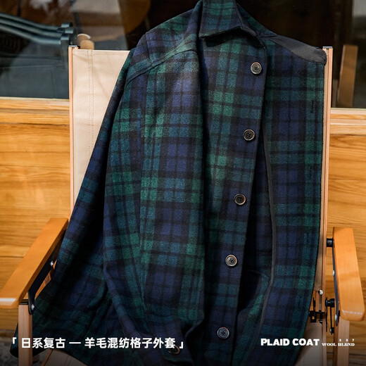 马登工装 复古羊毛混纺格子外套厚实格纹ins帅气休闲夹克男 蓝绿格 L