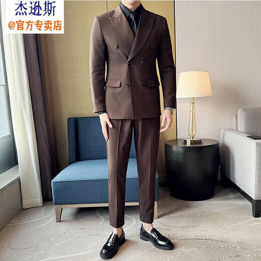 Jason's Double Breasted Suit Men's Suit High-end Banquet Business Professional Formal Wear British Style Handsome Slim Suit Jacket Brown (Single Suit) M (100-120Jin Jin is equal to 0.5kg)