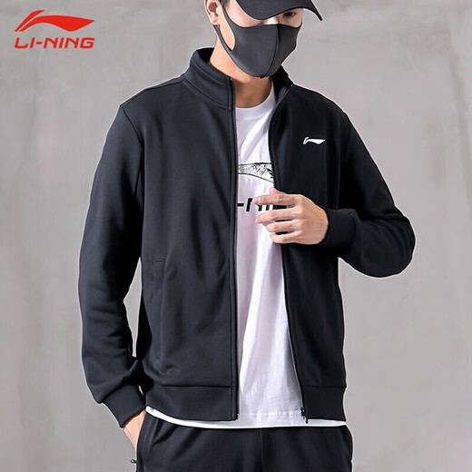 Li Ning (LI-NING) Jacket Men's Spring and Autumn Sweater Sports Men's Cardigan Loose Sports Knitted Top Casual Men's Fitness Casual Wear Basic Black (Stand-Collar) L