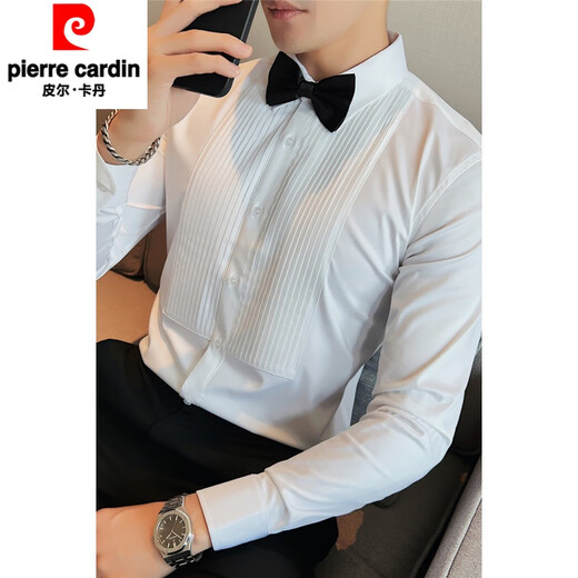 
Pierre cardin groom wedding shirt men's long-sleeved fashion pleated dress shirt trendy slim men's wedding banquet performance shirt white 2XL