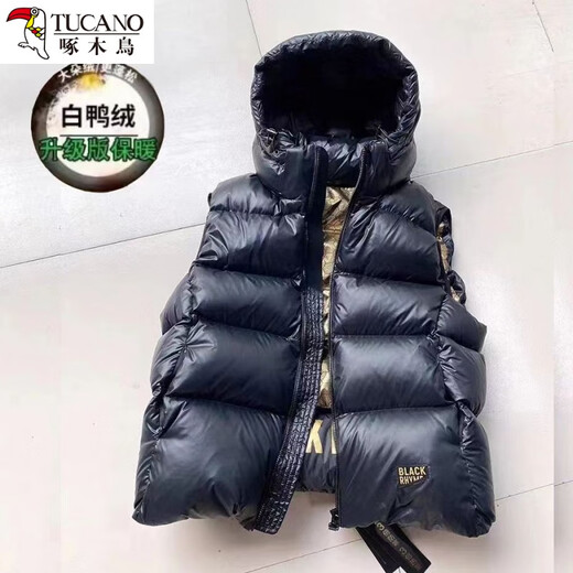 Woodpecker black gold down vest women's short winter new thickened warm vest hooded vest vest jacket trendy black L (120-140Jin Jin equals 0.5 kg)