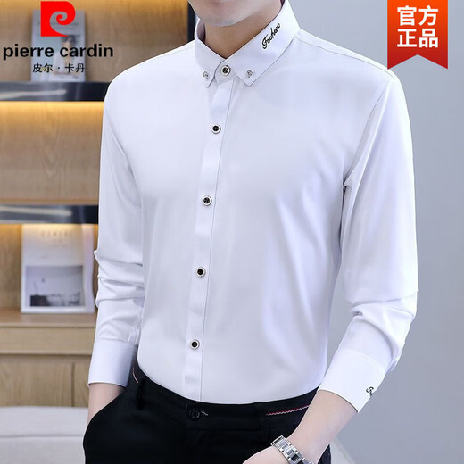 Pierre cardin spring and autumn new long-sleeved shirt men's embroidered professional shirt business casual non-scalding anti-wrinkle trendy men's top knitted 829 black L (165)