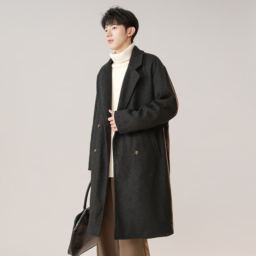 Dingfengbaoluo Korean style woolen coat for men winter mid-length thickened coat high-end double-breasted HK09 matte black L