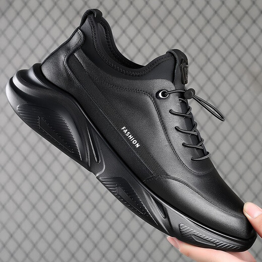 GENAI New Genuine Leather Sports Shoes Men's Casual Shoes Casual Leather Shoes Men's Business Shoes Heightening Shoes Trendy Shoes Men's Shoes Black Genuine Leather + Elastic Mouth Four Seasons Trendy Shoes 40 (250mm)