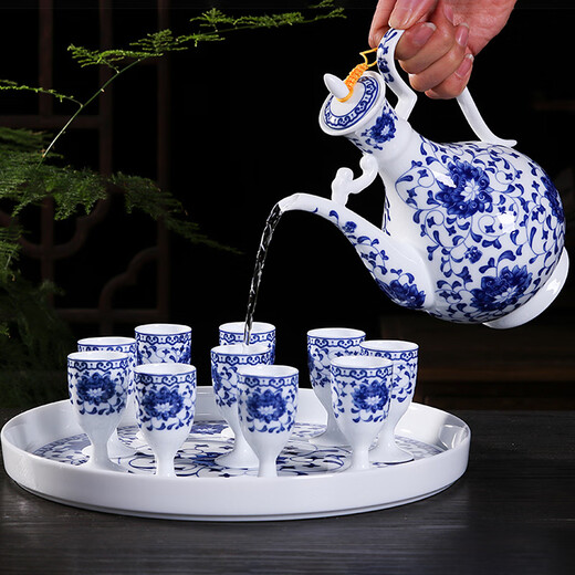 Xihe Yinyao Xihetang Jingdezhen Ceramic Wine Set Liquor Goblet Spirit Cup Blue and White Wine Pot Set Wine Cup Snow Scenery Style (1 Pot, 10 Cups, 1 Tray)