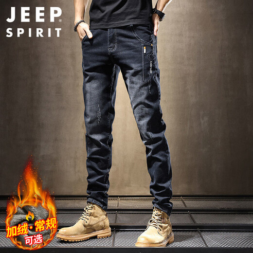 JEEP SPIRIT Jeep jeans men's autumn and winter elastic slim casual pants new retro resurgence pants black 33