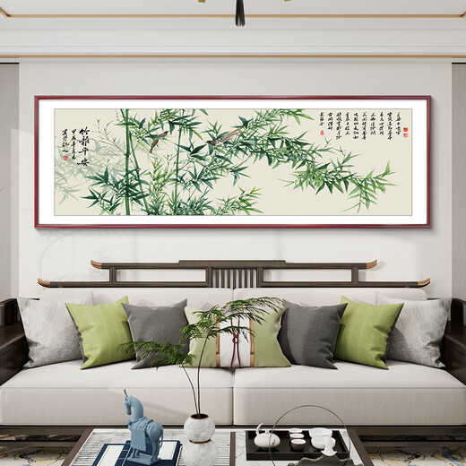 Good wood bamboo safety hanging painting hand-painted new Chinese style living room sofa background wall decoration painting Chinese painting ink Chinese style bamboo painting C1-Lush 120*40cm suitable for about 1.5 meters waterproof canvas + elegant mahogany color right-angle solid wood frame