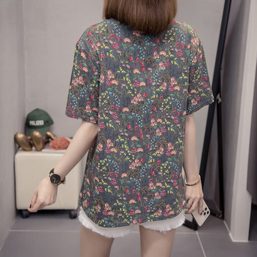 雪凡茜（XUEFANXI）2025夏天季新款花卉碎花短袖t恤女装宽松半袖体恤棉衣上衣服9731 灰色 L 建议95-115斤