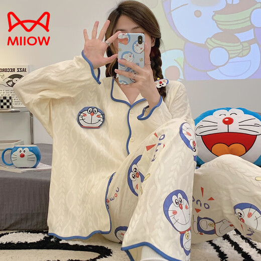 Cat Man (Miiow) Pyjamas en coton pur pour femmes au printemps et à l'automne nouveau pantalon à manches longues cardigan en vrac cariton doux caricatures mignons à la maison 9215 l [recommandée 100-120 Jin [Jin est égal à 0,5 kg]]]