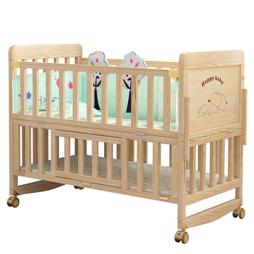 Multifunctional solid wood crib without paint cradle bed environmentally friendly children's bed baby bed movable bb bed splicing large bed adjustable double-layer large bed + mosquito net