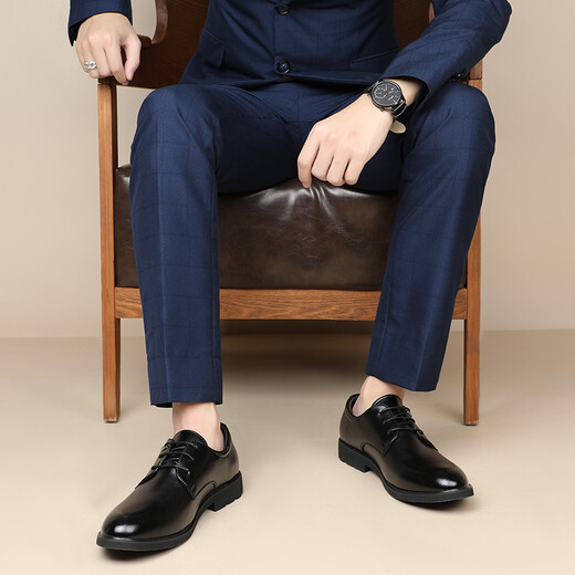 ECHI leather shoes men's business casual formal wear British wear-resistant comfortable commuting shoes for men 1618 black 42