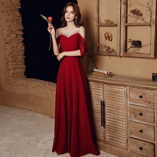 
Toasting clothes, bride dress, slim toasting clothes, bride 2022 red long slim and simple atmospheric wedding evening dress, spring bridal dress, toasting clothes, usual wine red L