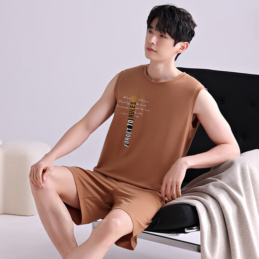 莫代尔睡衣男士夏季薄款纯棉无袖背心短裤套装夏天男款青年可外穿家居服 4867 2XL