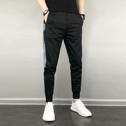 斐帝森束脚裤子男士夏季薄款潮流小脚休闲九分裤男生弹力修身哈伦收脚裤 黑色（夏季薄款） 28 （90-100斤）