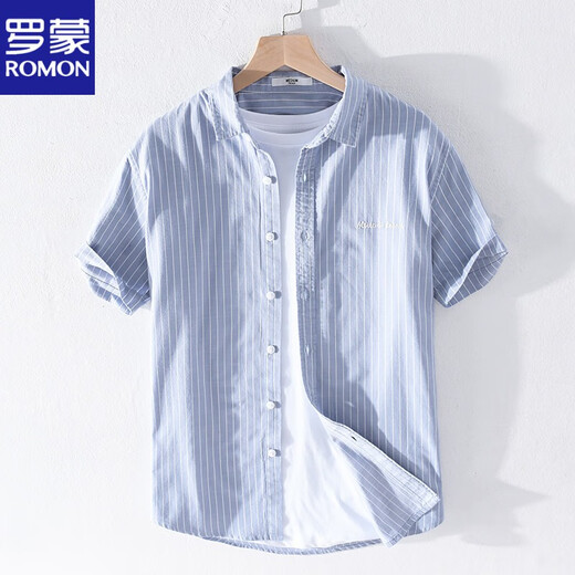 ROMON high-end men's striped shirt short sleeve loose summer thin casual casual versatile cotton shirt summer clothes 9738 black stripes M 100Jin [Jin equals 0.5 kg] about