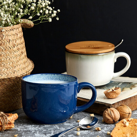 INMIND HOUSE Big belly milk breakfast cup ceramic oatmeal cup with lid spoon large capacity microwaveable European style 600ml gradient gray 600ml (wooden handle spoon + wooden lid)