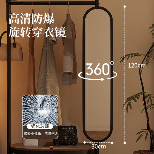 昊罔（HAOWANG）可移动挂衣架带镜子卧室落地式全身镜一体衣帽架试衣镜子置物架子 轻奢黑【80CM】-胡桃色盖板-旋转镜子