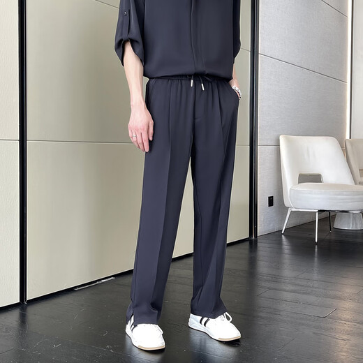 Fearless Forward (GQWWQX) summer ice silk suit men's fashionable casual shirt straight pants two-piece set handsome and versatile K683 black L